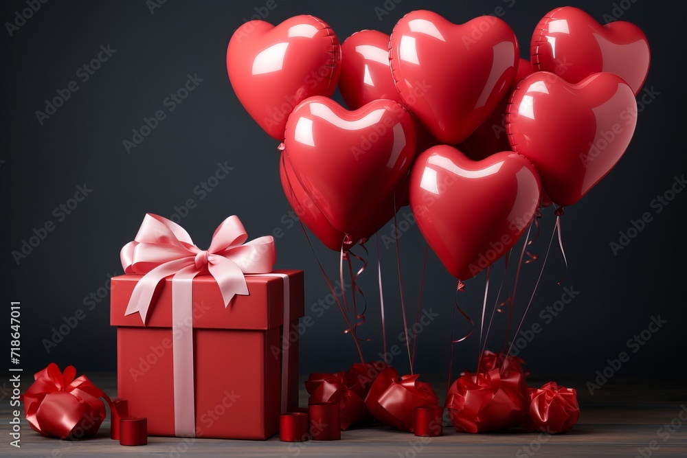 inflatable red heart-shaped balloons and a large gift box with a bow. against a gray background. concept for Valentine, March 8, Valentine's Day, Birthday.