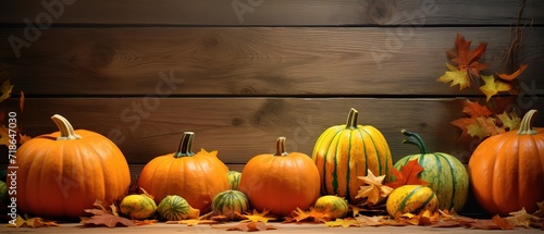 Row of yellow pumpkins on wooden background. generative AI