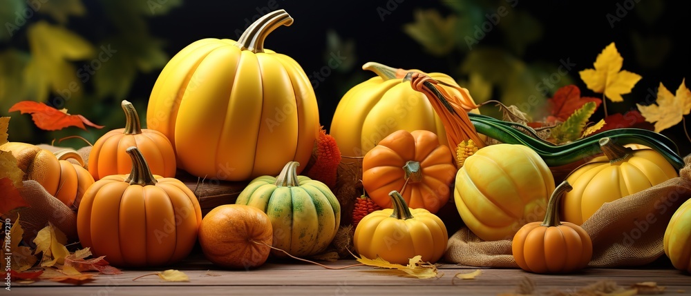 Row of yellow pumpkins on black background. generative AI Row of yellow pumpkins on black background. generative AI