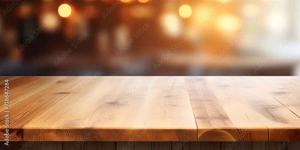 Blurred background with wooden countertop on table.