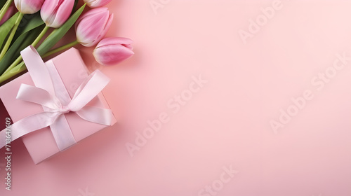 Bouquet of tulips and gift box on pink background, space for text,,
Pink box, red bow, hearts on pink. Top view holiday web banner perfection. Vertical Mobile Wallpaper  #718647609