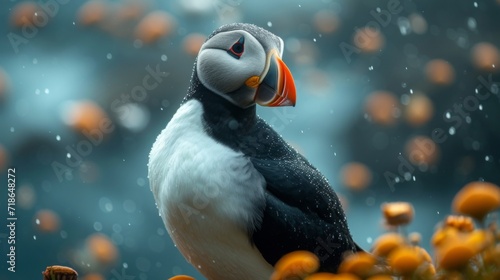 Black and white atlantic puffin birds sit on green rocky shore against of the sea in Iceland, north, ocean, island, landscape, fauna, flowers, red beaks and paws, grass, sky, mountains, and coastline