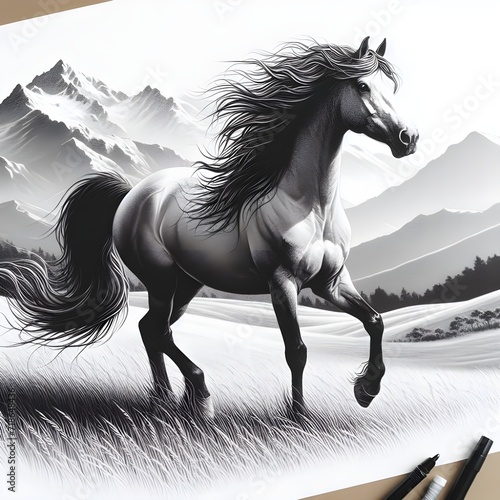 Illustration of a horse drawn with pen and ink. Generative AI.