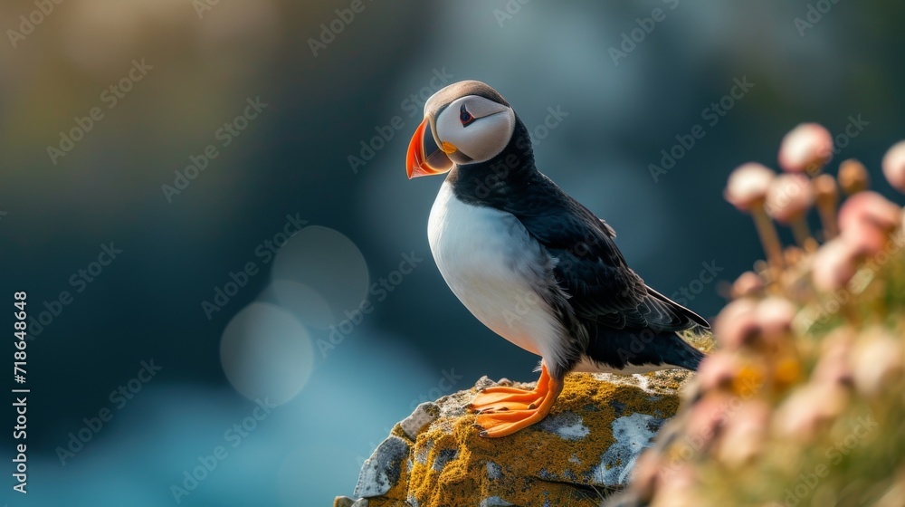 Fototapeta premium Black and white atlantic puffin birds sit on green rocky shore against of the sea in Iceland, north, ocean, island, landscape, fauna, flowers, red beaks and paws, grass, sky, mountains, and coastline