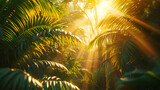 Beautiful magical palm, fabulous trees. Palm Forest jungle landscape, sun rays illuminate the leaves and branches of trees, generative ai