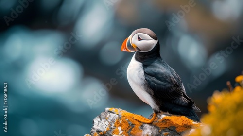 Black and white atlantic puffin birds sit on green rocky shore against  of the sea in Iceland  north  ocean  island  landscape  fauna  flowers  red beaks and paws  grass  sky  mountains  and coastline