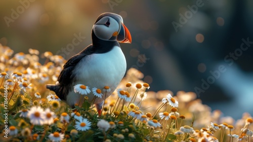 Black and white atlantic puffin birds sit on green rocky shore against of the sea in Iceland, north, ocean, island, landscape, fauna, flowers, red beaks and paws, grass, sky, mountains, and coastline