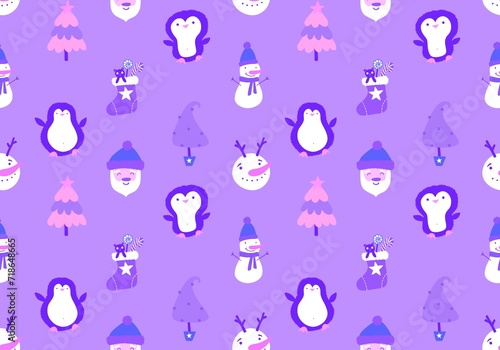 Fototapeta Naklejka Na Ścianę i Meble -  Christmas cartoon doodle seamless Santa and penguin and snowman pattern for wrapping paper and fabrics