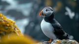 Black and white atlantic puffin birds sit on green rocky shore against  of the sea in Iceland, north, ocean, island, landscape, fauna, flowers, red beaks and paws, grass, sky, mountains, and coastline
