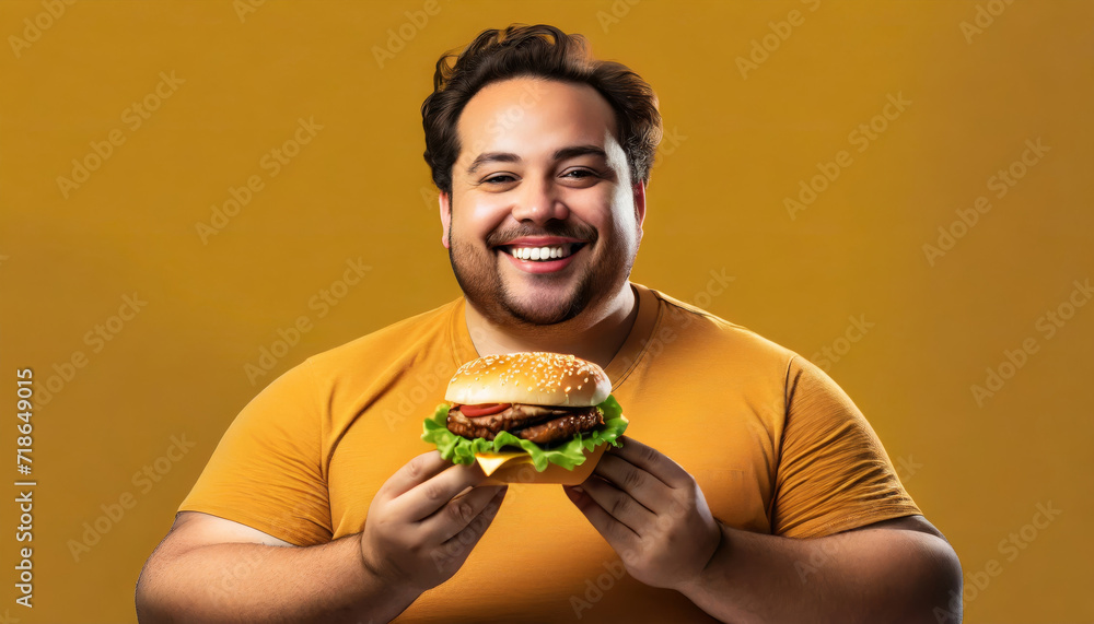 A full-figured man with a large cheeseburger. A full-figured man with a large cheeseburger.