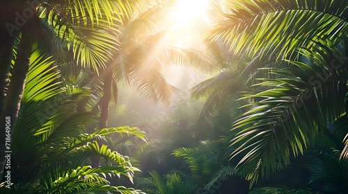 Beautiful magical palm  fabulous trees. Palm Forest jungle landscape  sun rays illuminate the leaves and branches of trees  generative ai