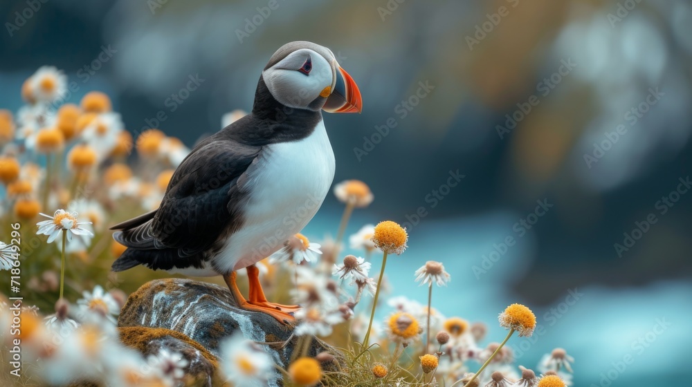 Fototapeta premium Black and white atlantic puffin birds sit on green rocky shore against of the sea in Iceland, north, ocean, island, landscape, fauna, flowers, red beaks and paws, grass, sky, mountains, and coastline