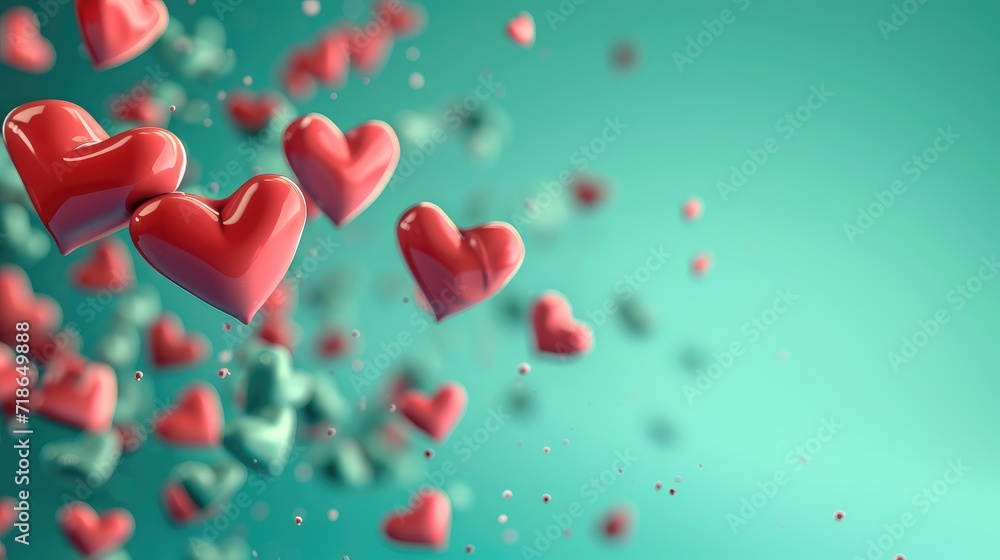 Animated 3D hearts throbbing on a tranquil teal background, Ai Generated