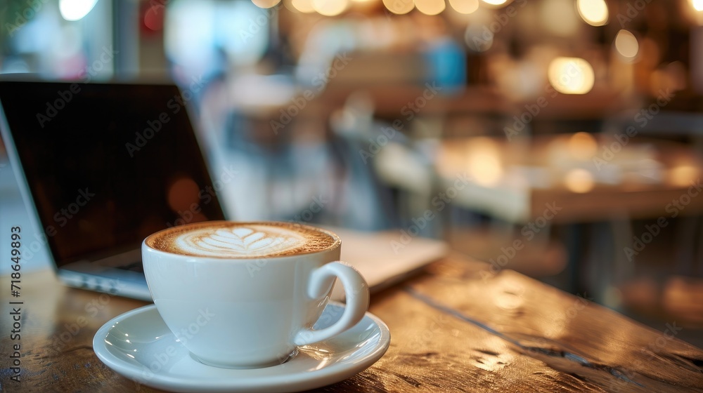 Fototapeta premium A cup of coffee and a laptop on a wooden table, Ai Generated
