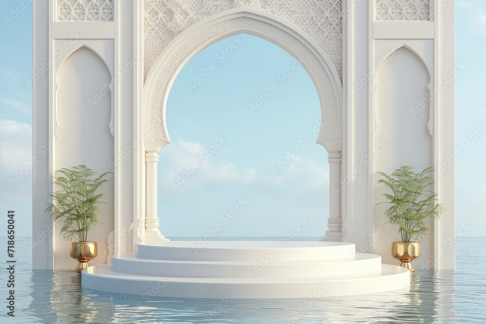 3D rendering of white marble podium with arch, palm tree and vase in water