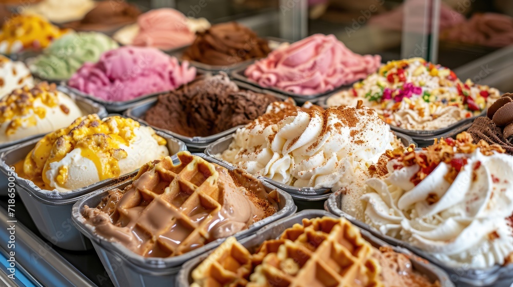 Step into the world of sweet indulgence at the ice-cream shop, where waffle cones await to be filled with delightful flavors, Ai Generated