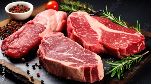 Assorted raw Black Angus Prime steaks, showcasing top-tier meat quality, Ai Generated.