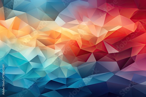 Wide-angle abstract background incorporating low polygon shapes, lines, waves, and a spectrum of gradient colors, AI Generated.