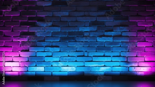 Black brick wall background with neon lighting effect from pink and purple to blue, Ai Generated.