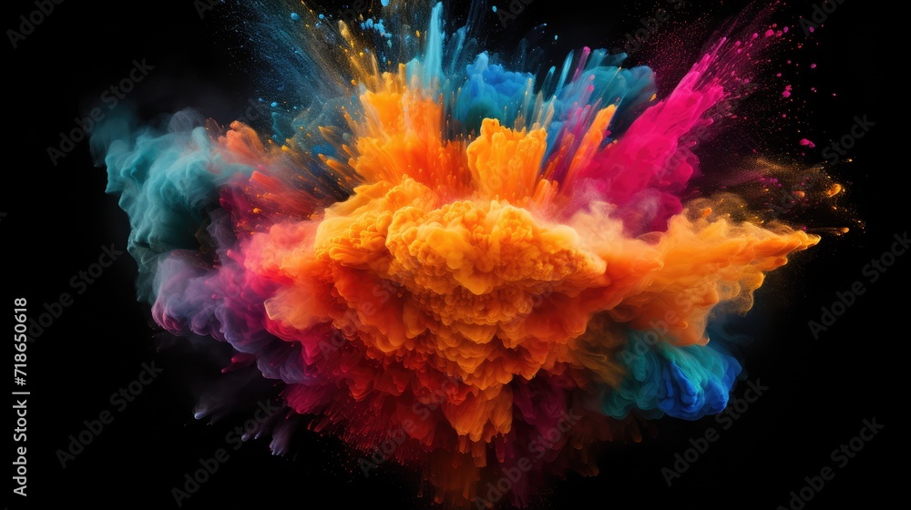 Explosive colored powder captured in a closeup, creating an abstract dust splash on a black backdrop, Ai Generated Explosive colored powder captured in a closeup, creating an abstract dust splash on a black backdrop, Ai Generated