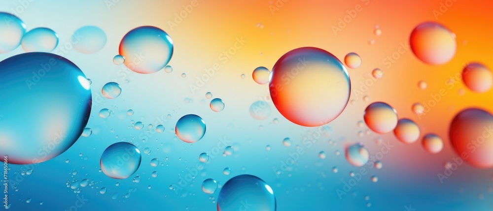An enchanting scene featuring water droplets, bubbles, and liquid set against a vibrant gradient background of blue, orange, yellow, and red, Ai Generated. An enchanting scene featuring water droplets, bubbles, and liquid set against a vibrant gradient background of blue, orange, yellow, and red, Ai Generated.