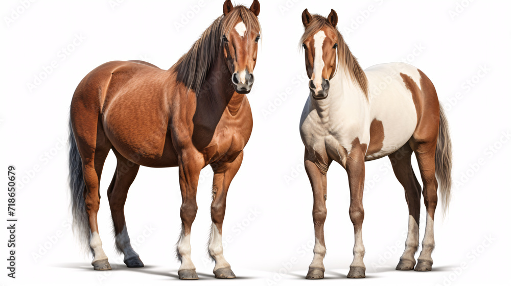 Obraz premium Two horses isolated on a white background, front and rear view.