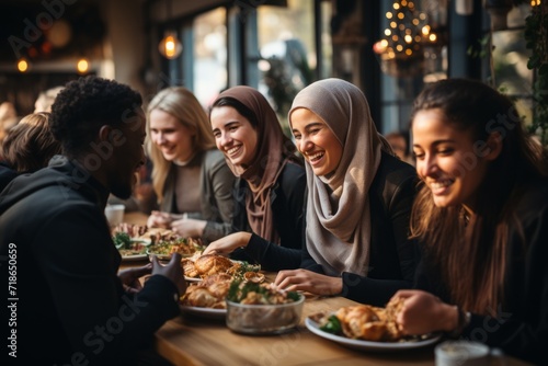 Employees of various nationalities sharing a breakroom meal  uniting through the joy of food and conversation  Generative AI