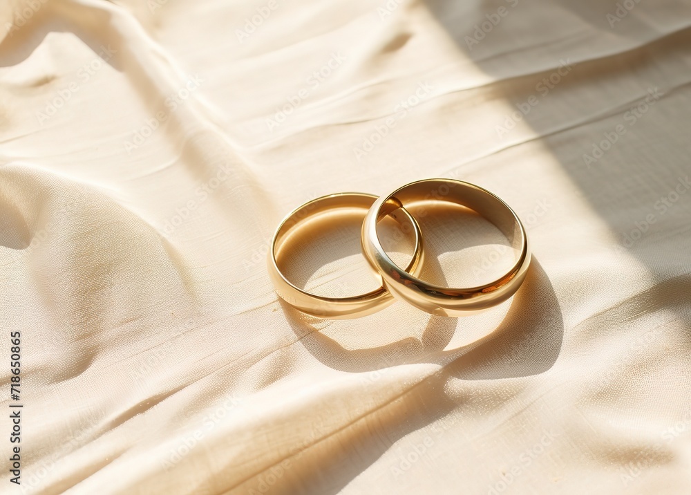 A pair of elegant and luxurious gold rings in the photo with a wavy fabric background. generative AI A pair of elegant and luxurious gold rings in the photo with a wavy fabric background. generative AI