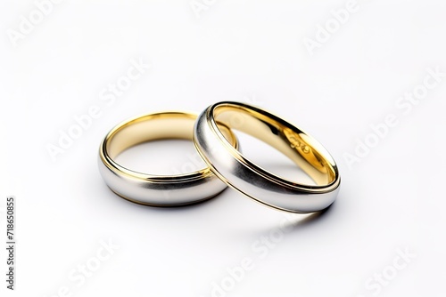 A pair of sparkling and luxurious gold rings in the photo on a white background. generative AI