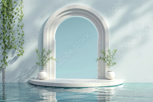 3d render of white marble podium with green plants on the water © Luxetify