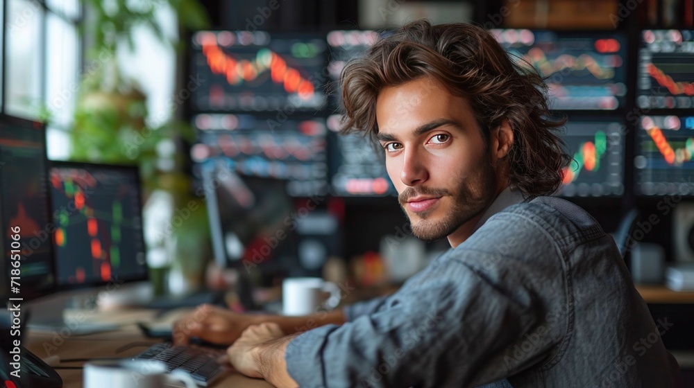 Fototapeta premium Finance trade manager analyzing stock market indicators for best investment strategy