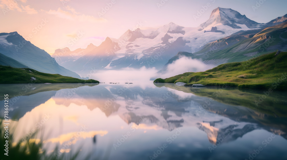 Landscape photography of a serene alpine lake at sunrise, with reflections of surrounding snow-capped mountains and lush greenery