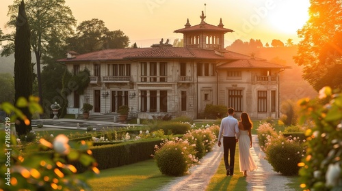 Young couple date, in luxury old style italian vila photo