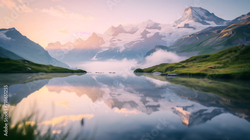 Landscape photography of a serene alpine lake at sunrise, with reflections of surrounding snow-capped mountains and lush greenery