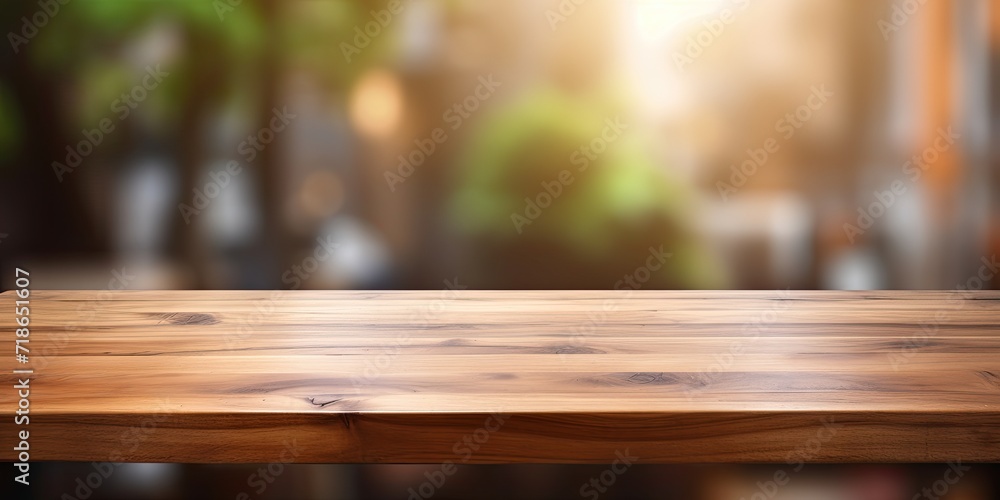 Wooden table with blurred background for product display or montage.