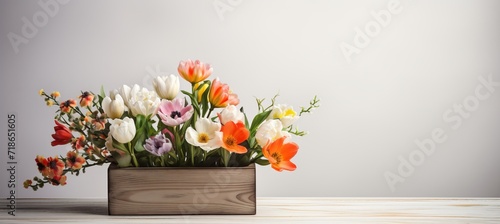 Colorful spring flowers in wooden basket on clean minimalist background with copy space