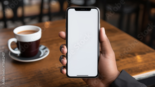 Male hand holding a white screen mockup mobile phone in coffee shop background