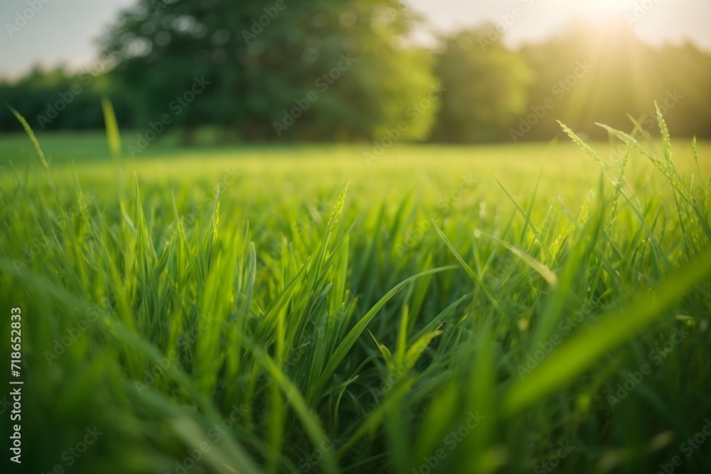 green grass in the morning sun rays in background green grass in the morning sun rays in background