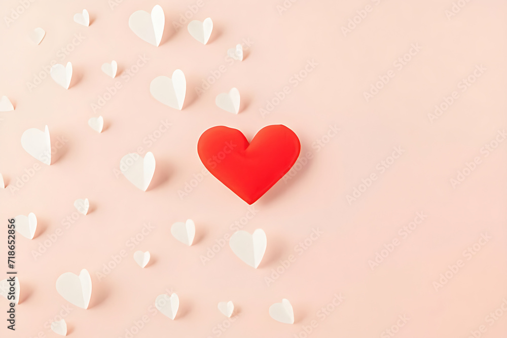 Red heart and white paper hearts on pastel pink background. Valentines day concept.