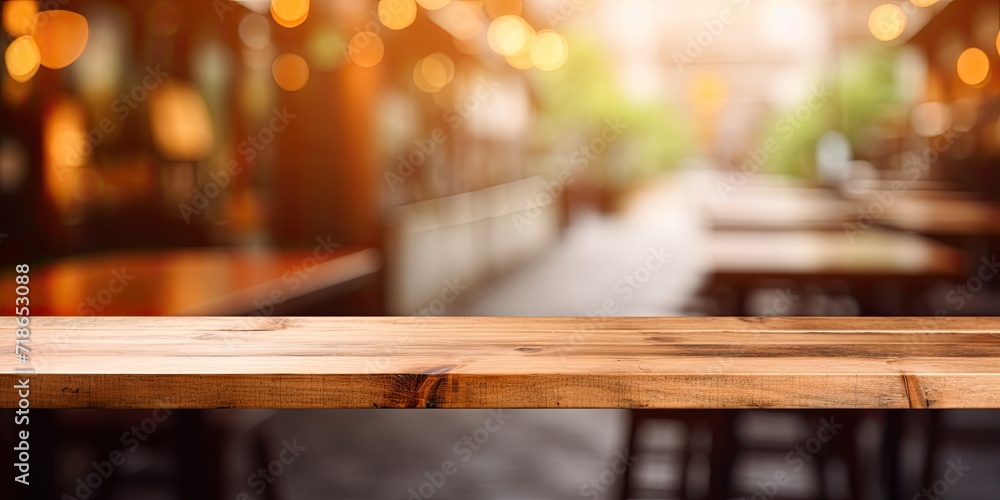 Blurred coffee shop background with empty wooden table, displaying products.