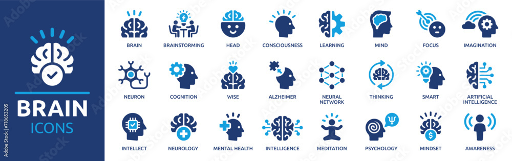 Brain icon set. Containing mind, brainstorming, head, neuron, cognition ...