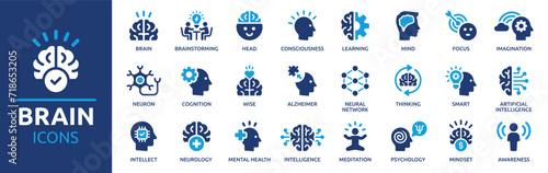 Brain icon set. Containing mind, brainstorming, head, neuron, cognition, thinking, intelligence and more. Solid vector icons collection.