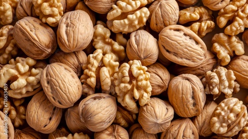 Background with walnuts nuts. Top view of nuts