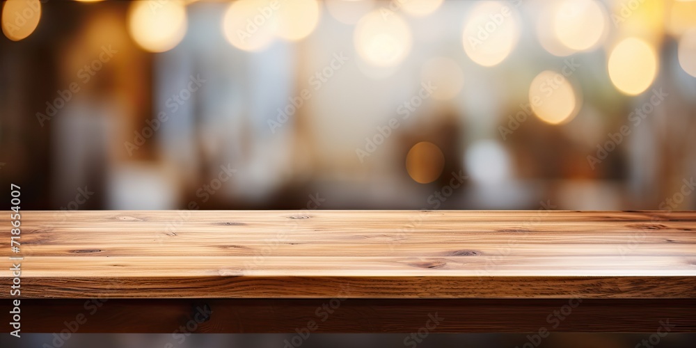 Blurred backdrop with wooden countertop.