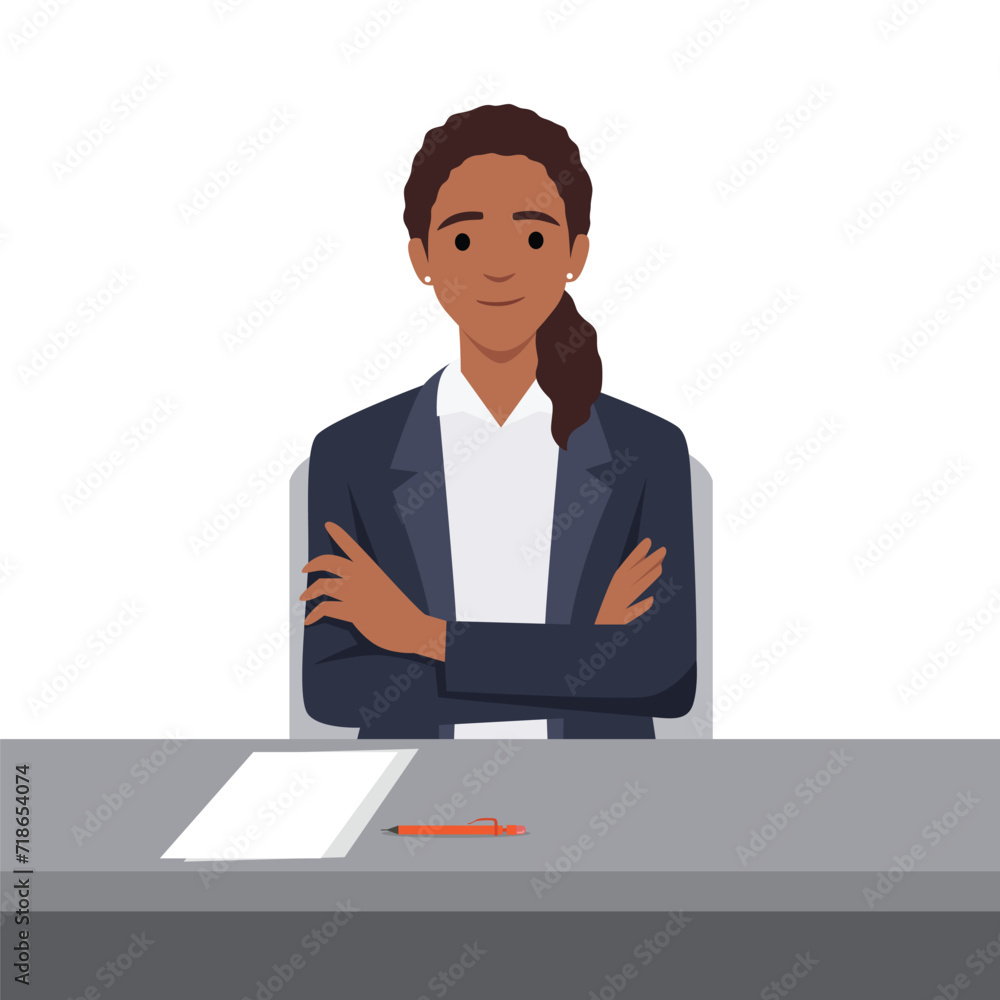 Young business woman at the desk with her arm crossed and paper pen on the desk. Flat vector illustration isolated on white background