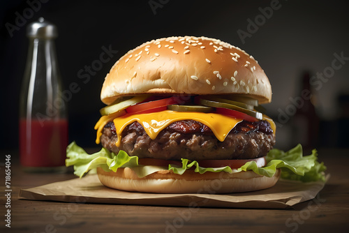 Delicious burger with juicy meet. The perfect choice for fast food enthusiasts.  hamburger on a black background . Savoring a ham, beef, and cheese patty burger.