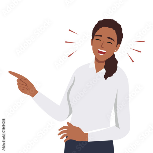 Young woman laughing while pointing. Flat vector illustration isolated on white background