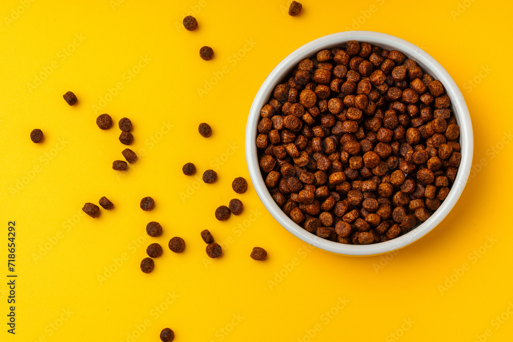 Bowl with dry pet food on yellow background studio shot Bowl with dry pet food on yellow background studio shot