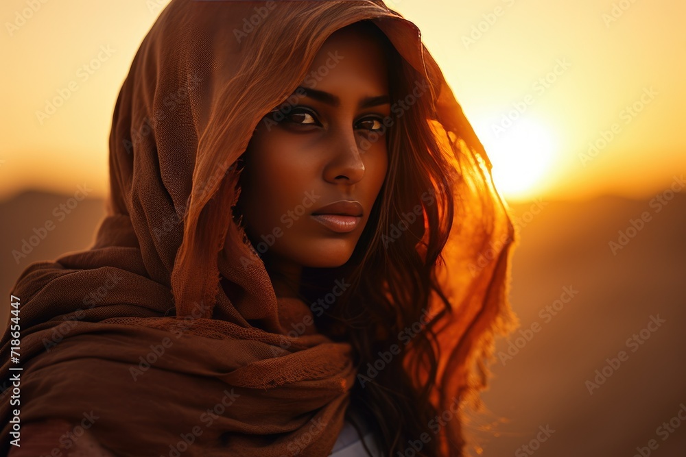 Portrait of a young Muslim woman in a hijab in the desert against the sunset, Ai generated Portrait of a young Muslim woman in a hijab in the desert against the sunset, Ai generated