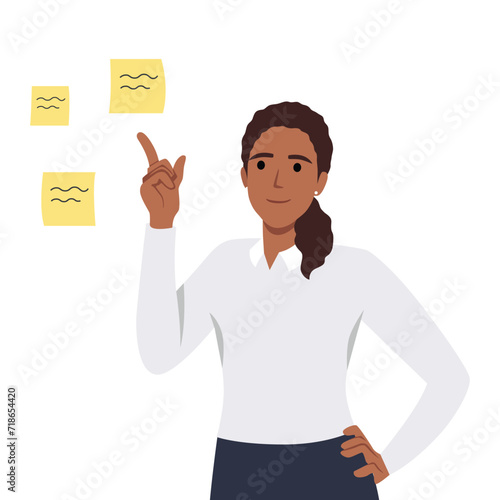 Young businesswoman point at sticky notes with numbers planning tasks. Happy woman prioritize to do list, share work schedule. Flat vector illustration isolated on white background